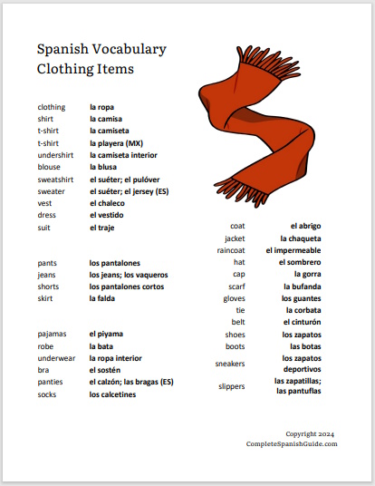 Printable Spanish Worksheet: Clothing Items - Complete Spanish Guide
